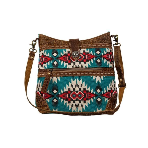 Myra Bag Handmade Tribe Shoulder Bag Upcycled Canvas & Cowhide Leather - Picture 1 of 14